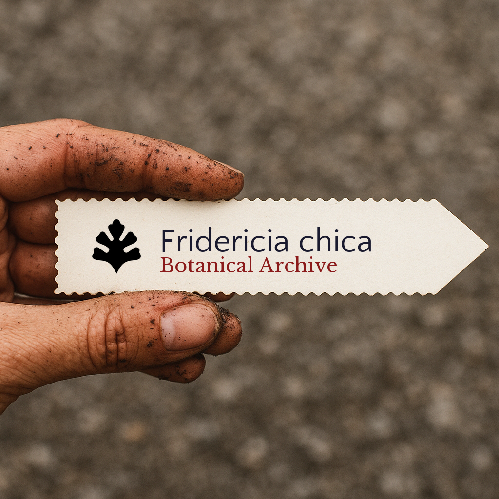 Printed plant label for Fridericia chica held by dirty hand on blurred background