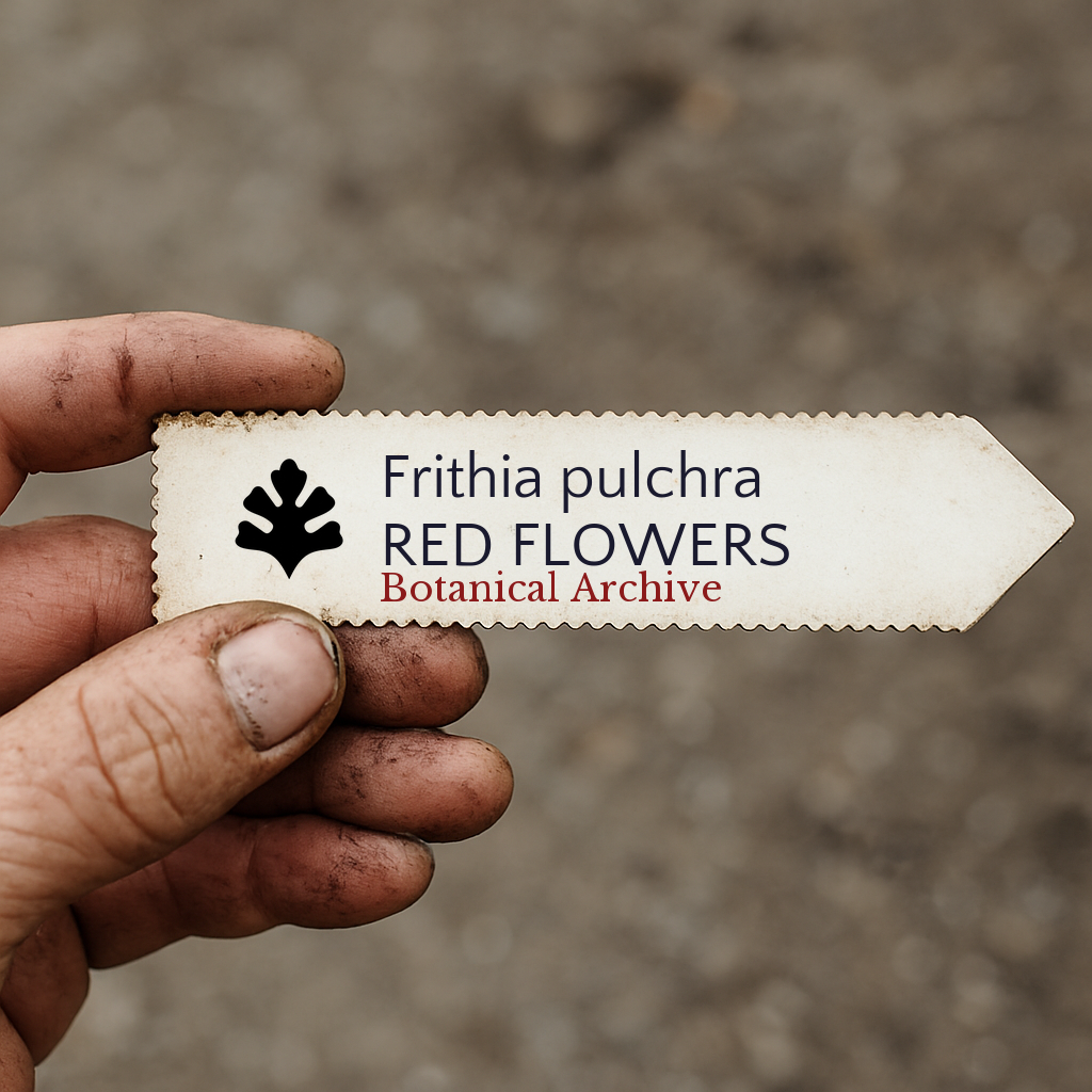 Printed plant label for Frithia pulchra with botanical archive logo held by dirty hand