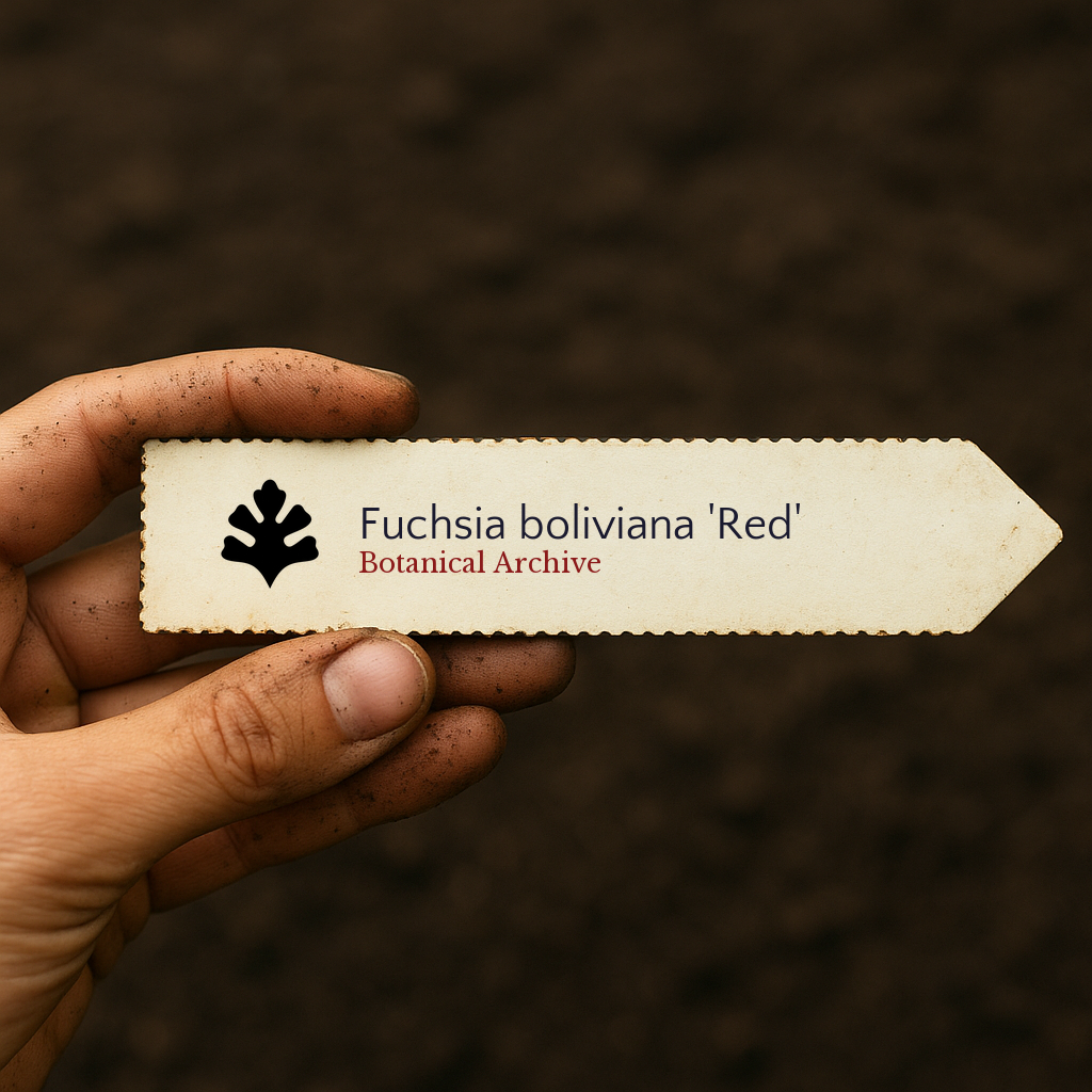 Printed plant label for Fuchsia boliviana 'Red' held in hand with soil background
