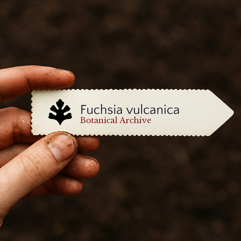 Etichetta stampata per pianta di Fuchsia vulcanica con logo Botanical Archive tenuta da mano sporca