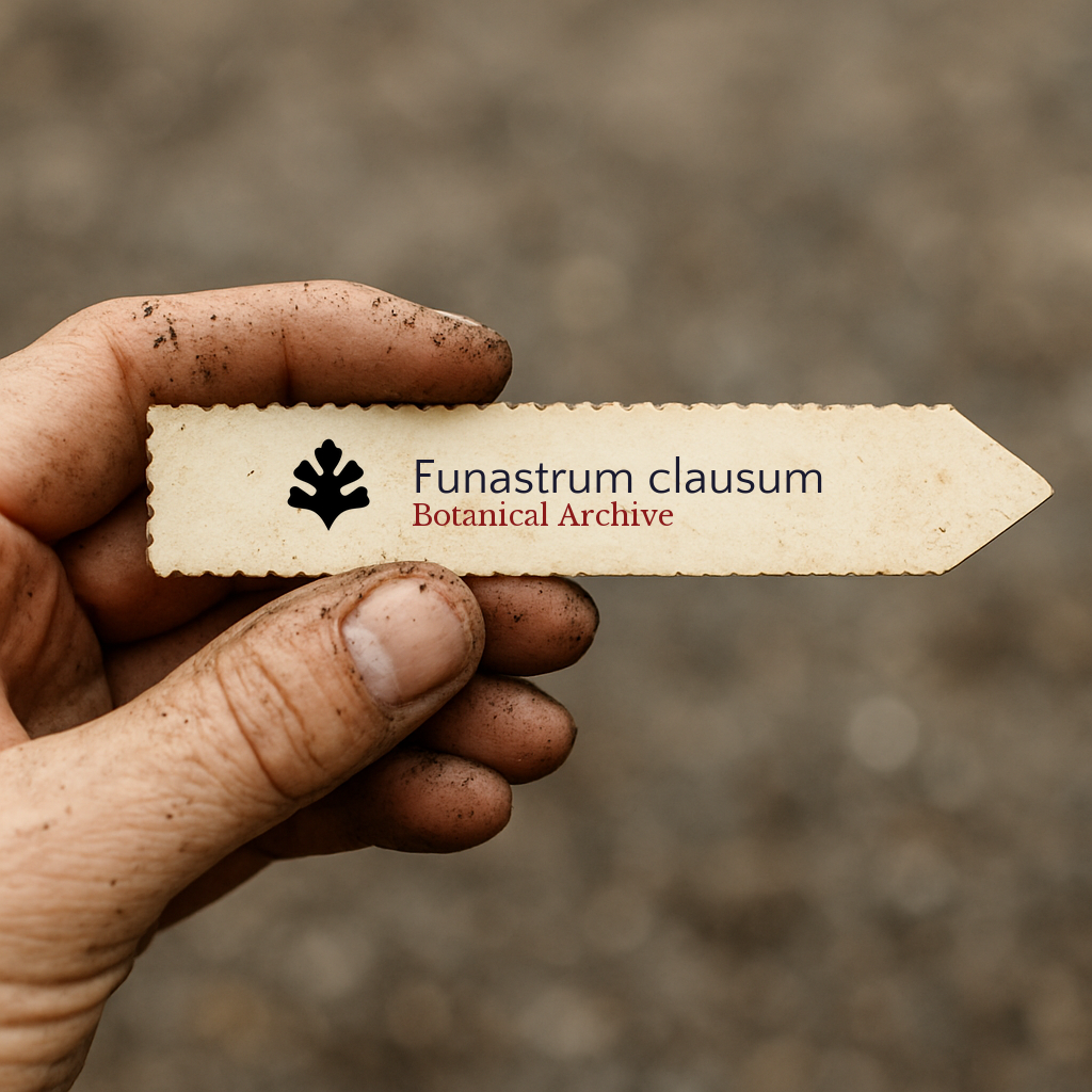 Printed plant label for Funastrum clausum held by dirty hand outdoors