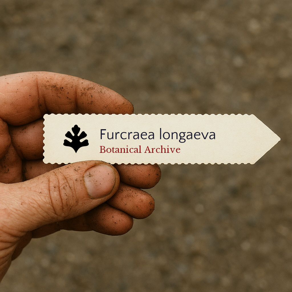 Printed plant label for Furcraea longaeva held by a dirt-covered hand outdoors