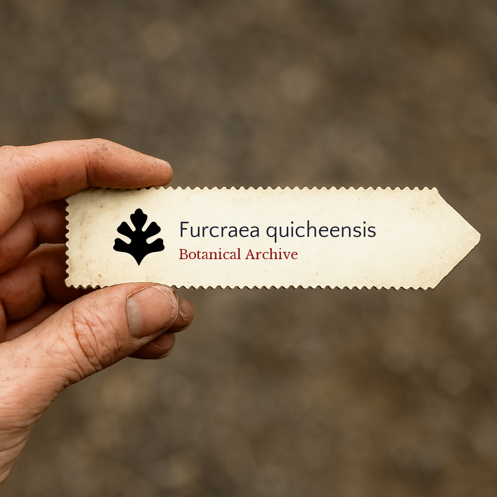 Printed plant label for Furcraea quicheensis held by hand with textured background