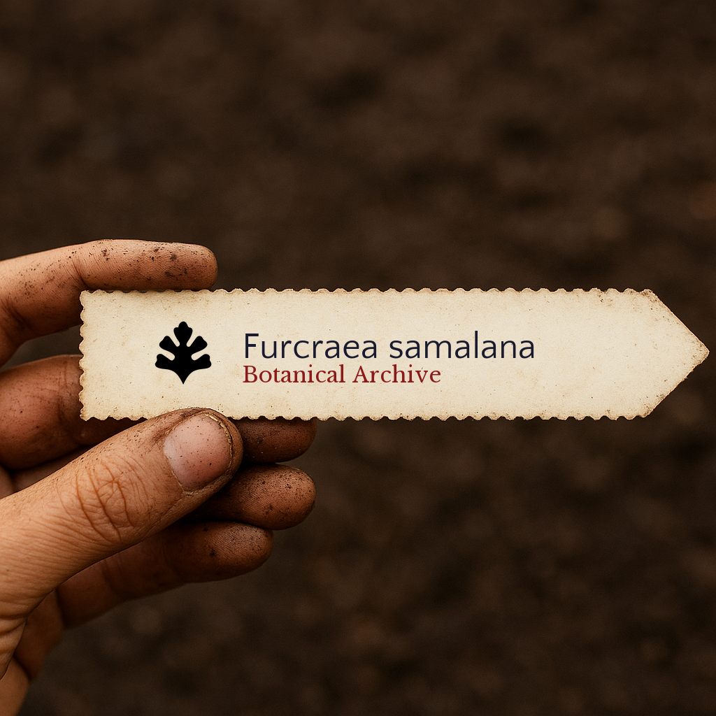 Etichetta per pianta stampata per Furcraea samalana tenuta da una mano sporca contro uno sfondo di terra