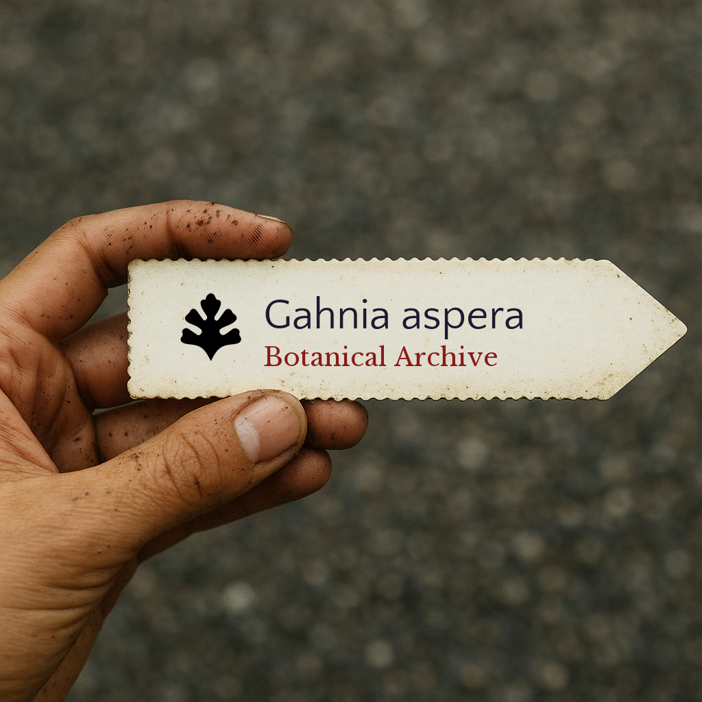 Printed plant label for Gahnia aspera held by hand with dirt on fingers