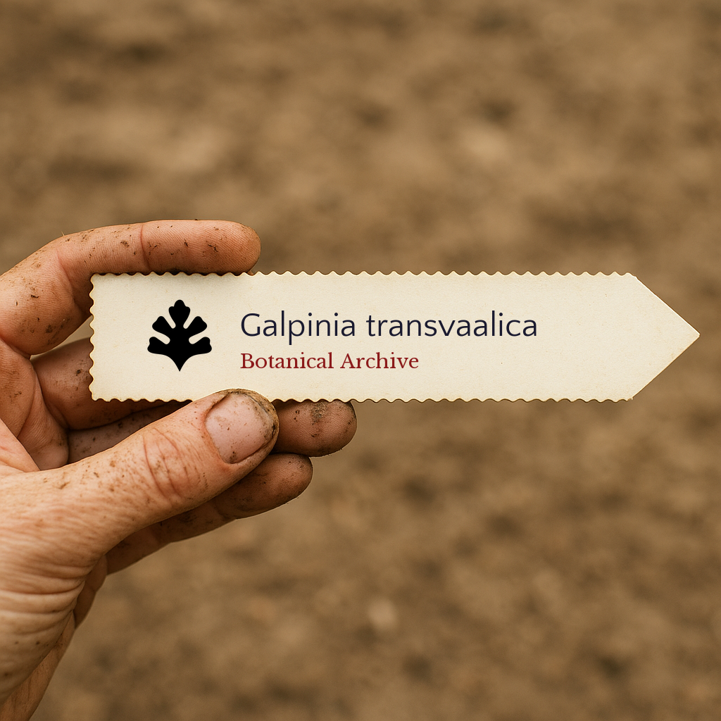 Etichetta stampata per Galpinia transvaalica tenuta da una mano sporca su sfondo di terreno