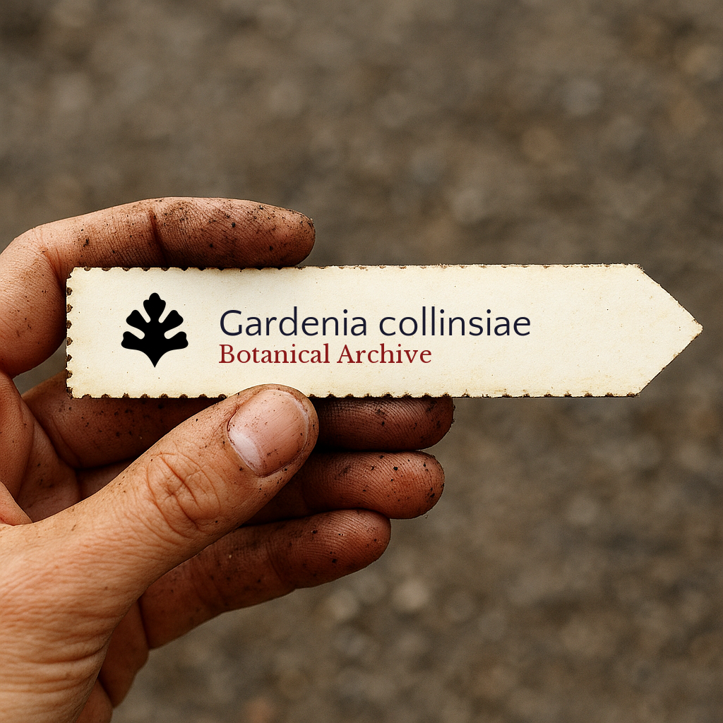 Printed plant label for Gardenia collinsiae held by dirty hand outdoors