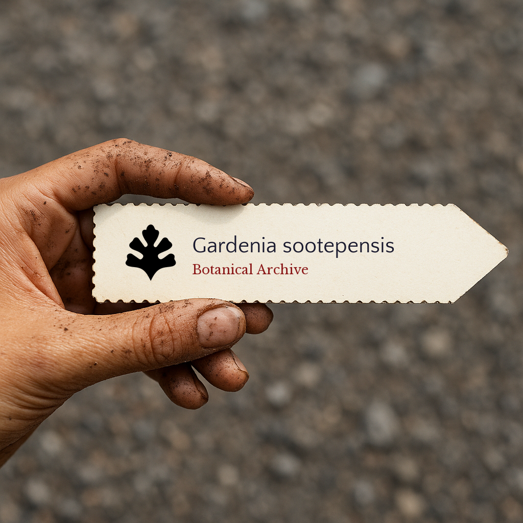 Printed plant label for Gardenia sootepensis held by dirty hand outdoors