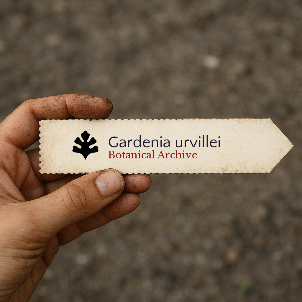Printed plant label for Gardenia urvillei held by hand with soil background