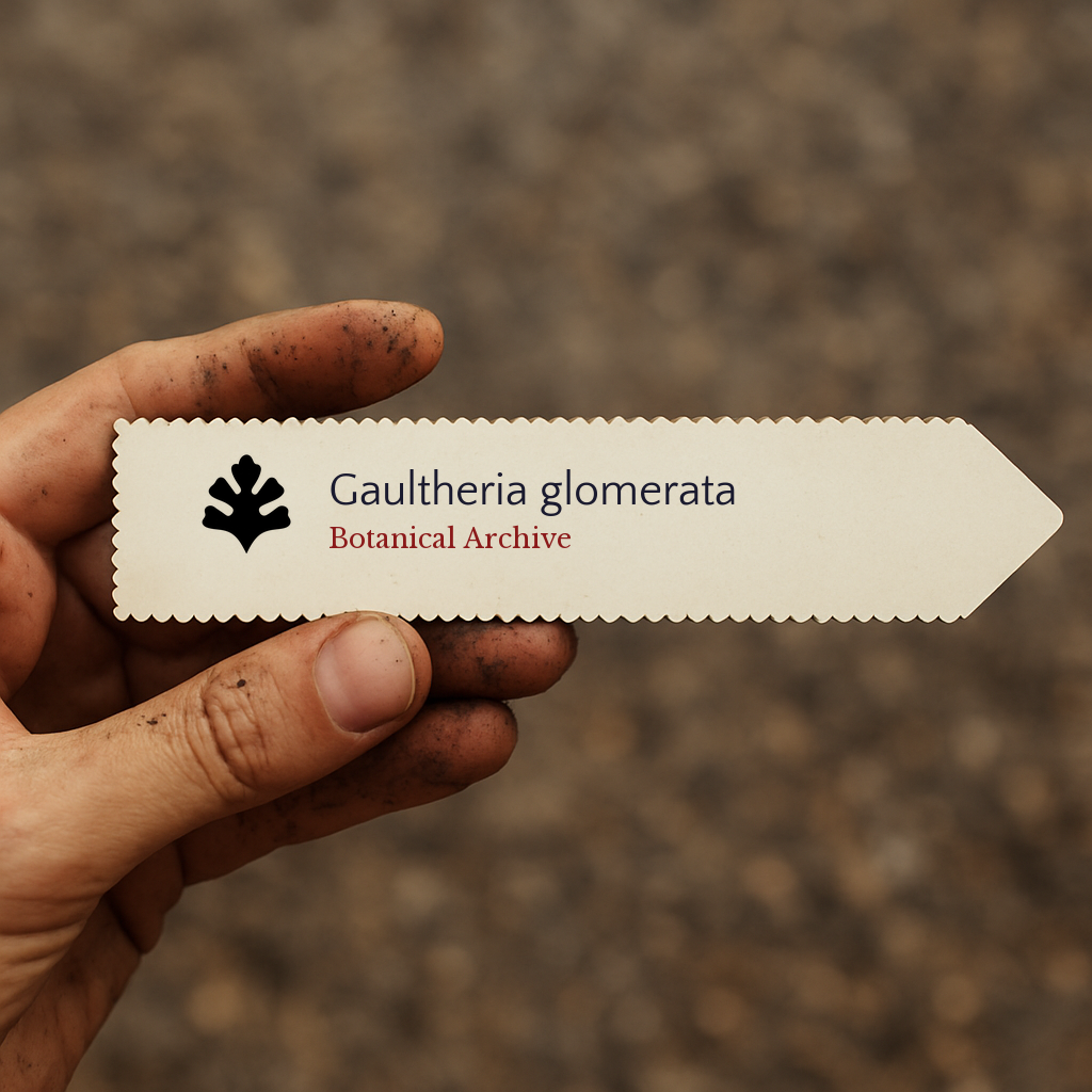 Printed plant label for Gaultheria glomerata with botanical archive logo held by hand