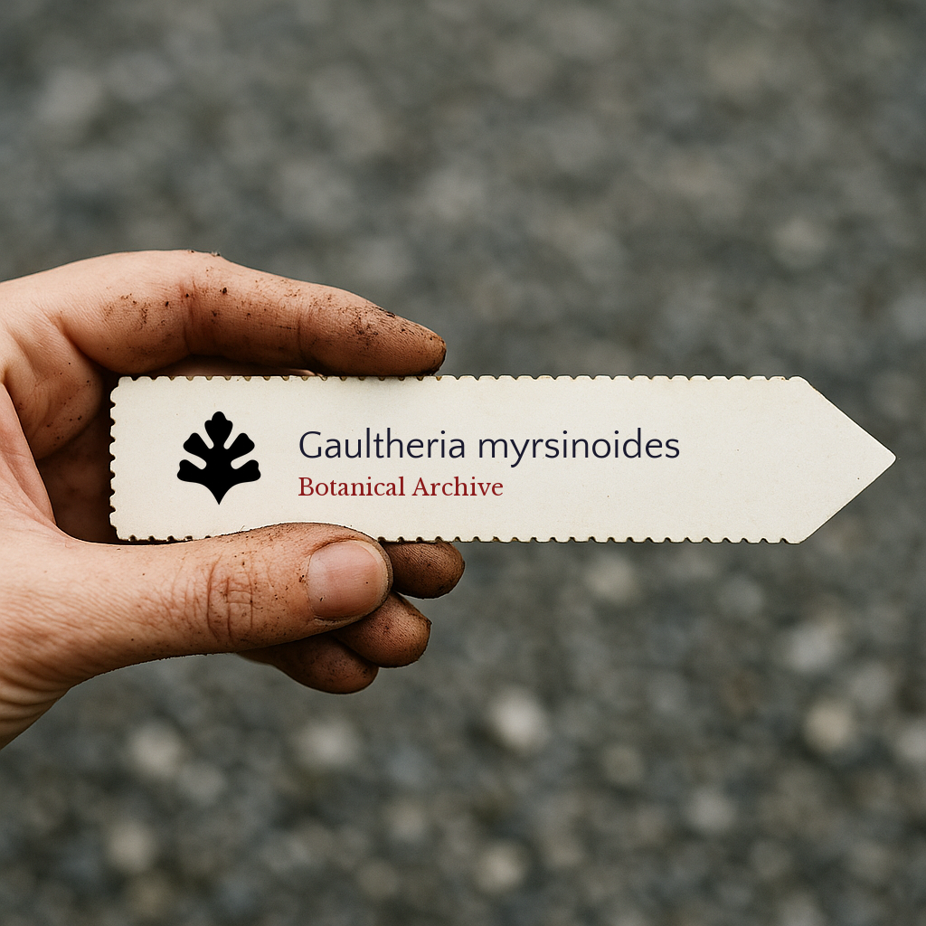 Printed plant label for Gaultheria myrsinoides held by dirty hand outdoors
