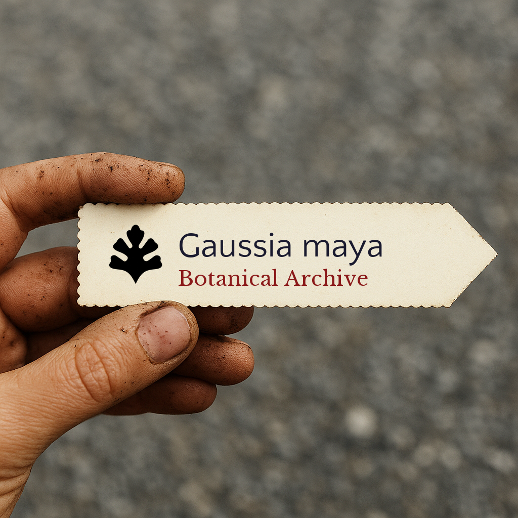 Printed plant label for Gaussia maya held by dirty hand on blurred background