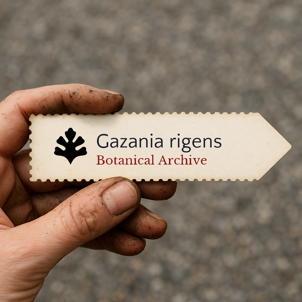 Printed plant label for Gazania rigens held by dirty hand on blurred background