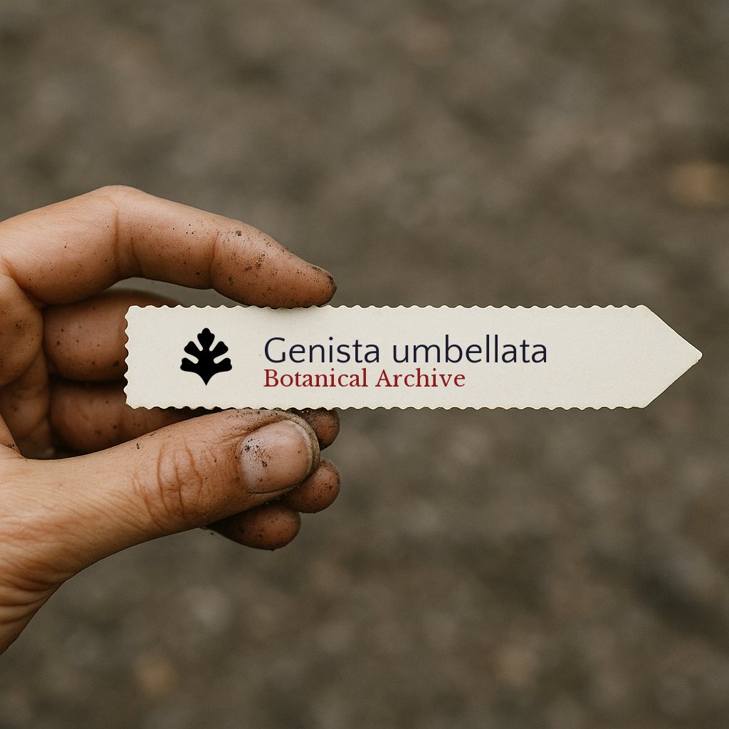 Printed plant label for Genista umbellata held by dirty hand outdoors
