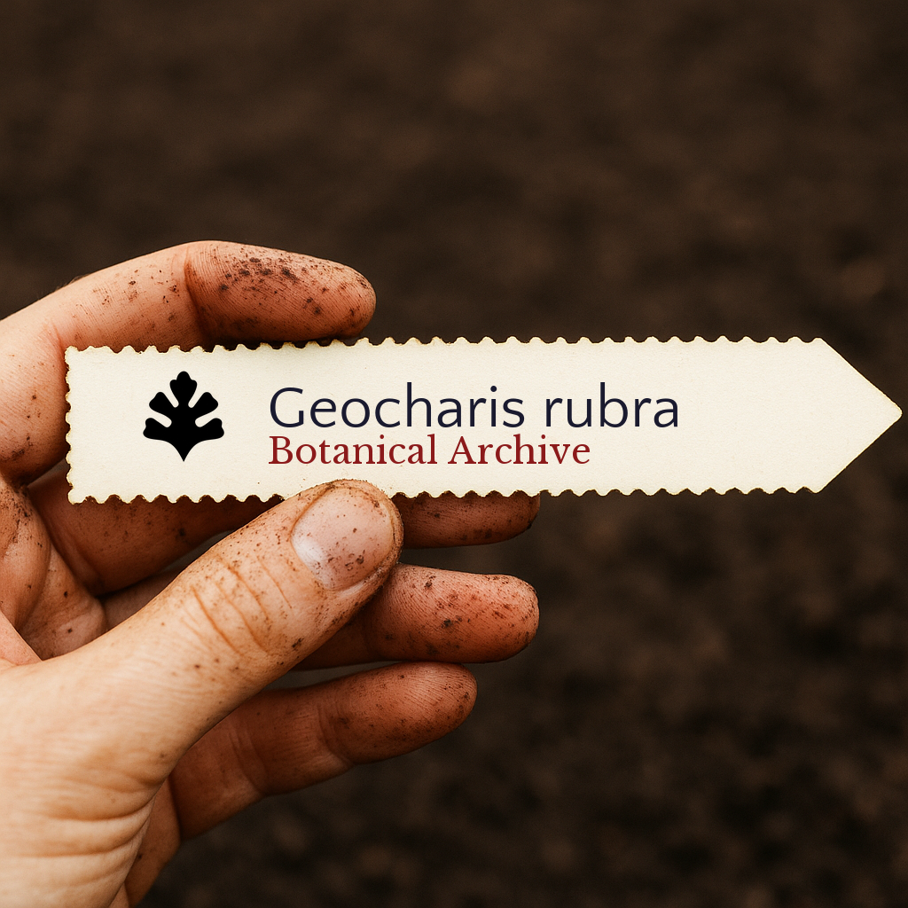 Printed plant label for Geocharis rubra held by dirty hand over soil background