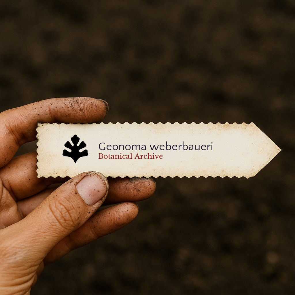 Printed plant label for Geonoma weberbaueri held by hand with soil background