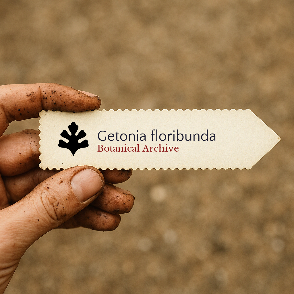 Printed plant label for Getonia floribunda held by dirty hand with blurred soil background