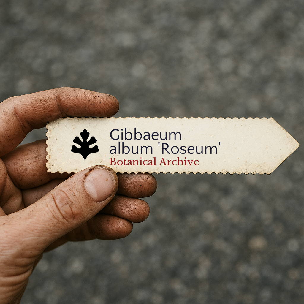 Printed plant label for Gibbaeum album 'Roseum' held by dirty hand outdoors