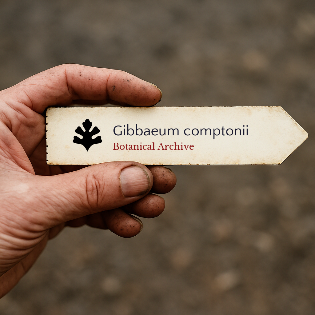 Printed plant label for Gibbaeum comptonii held in a gardener's hand with soil background