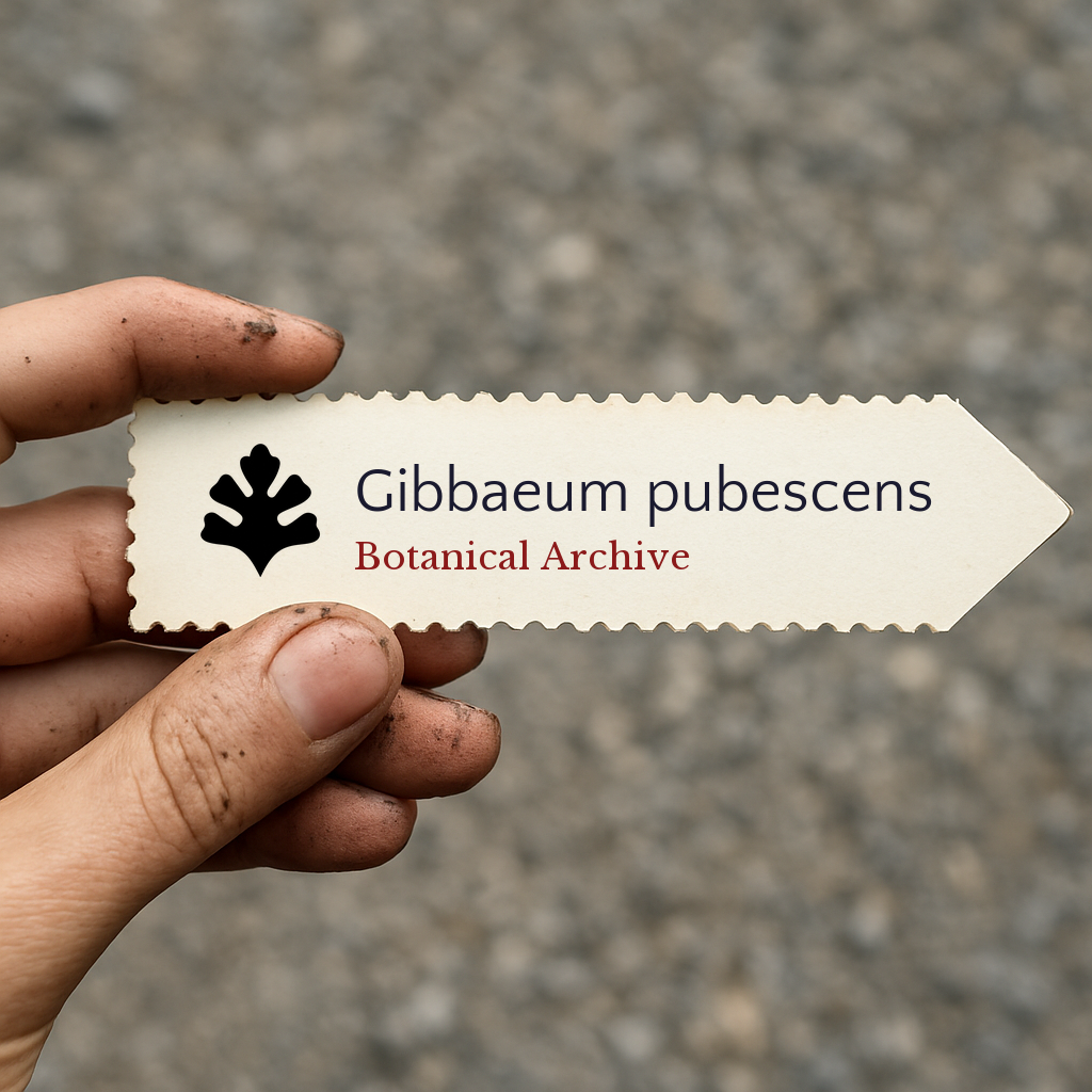Cartellino stampato per pianta di Gibbaeum pubescens tenuto da mano sporca su sfondo di ghiaia