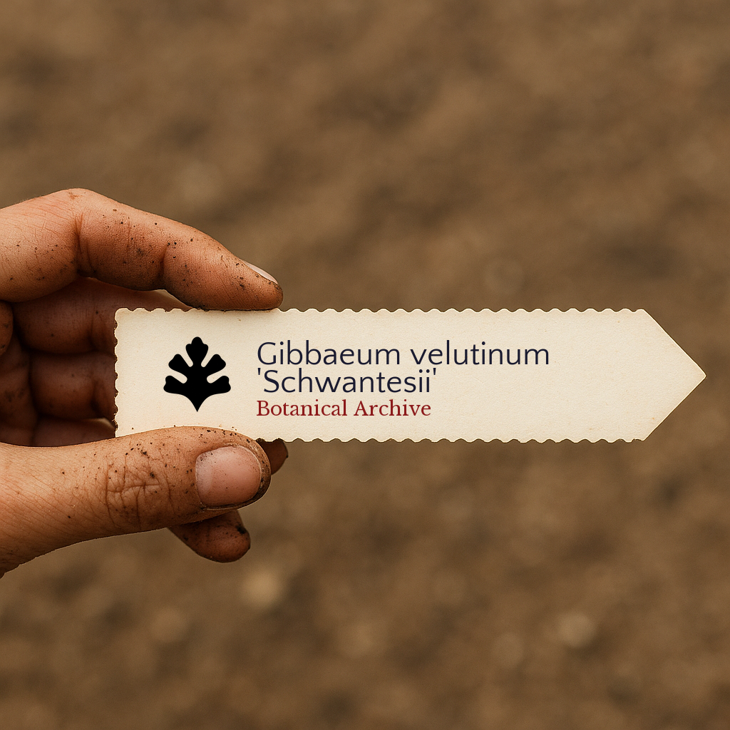 Printed plant label for Gibbaeum velutinum 'Schwantesii' held by dirty hand outdoors