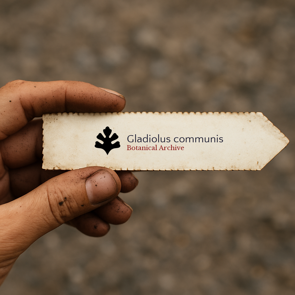 Printed plant label for Gladiolus communis held by dirty hand outdoors