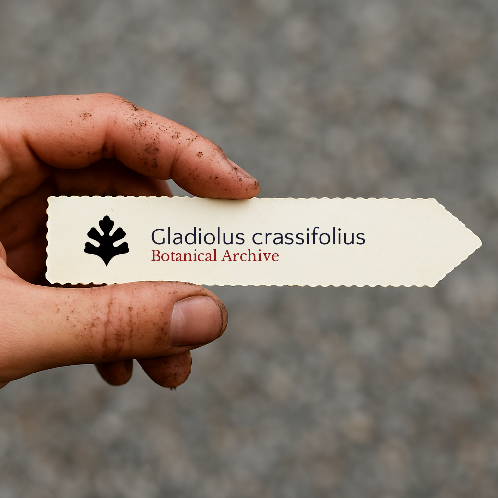 Etichetta stampata per pianta di Gladiolus crassifolius tenuta da mano sporca all'aperto