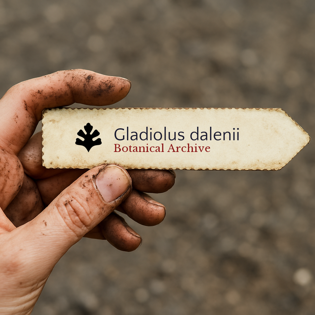 Etichetta per pianta stampata per Gladiolus dalenii tenuta da una mano sporca all'aperto