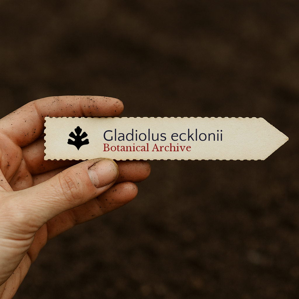 Etichetta stampata per pianta di Gladiolus ecklonii su sfondo di terreno