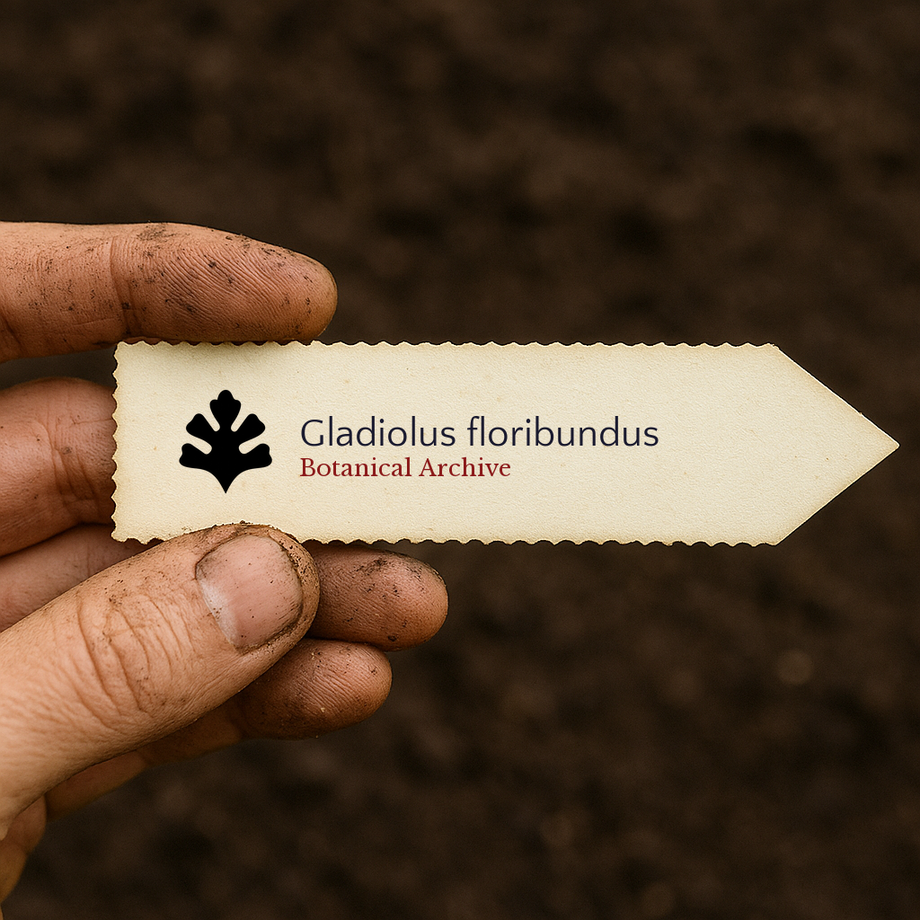 Printed plant label for Gladiolus floribundus held by dirty hand over soil background