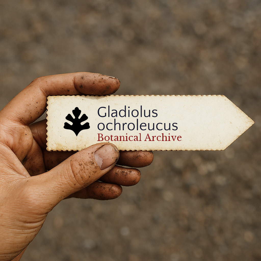 Printed plant label for Gladiolus ochroleucus held by dirty hand outdoors