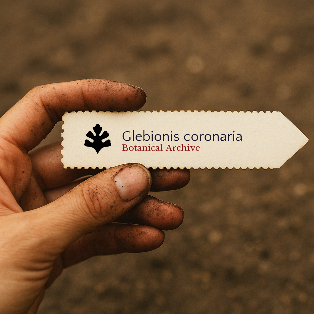 Printed plant label for Glebionis coronaria held by dirty hand outdoors