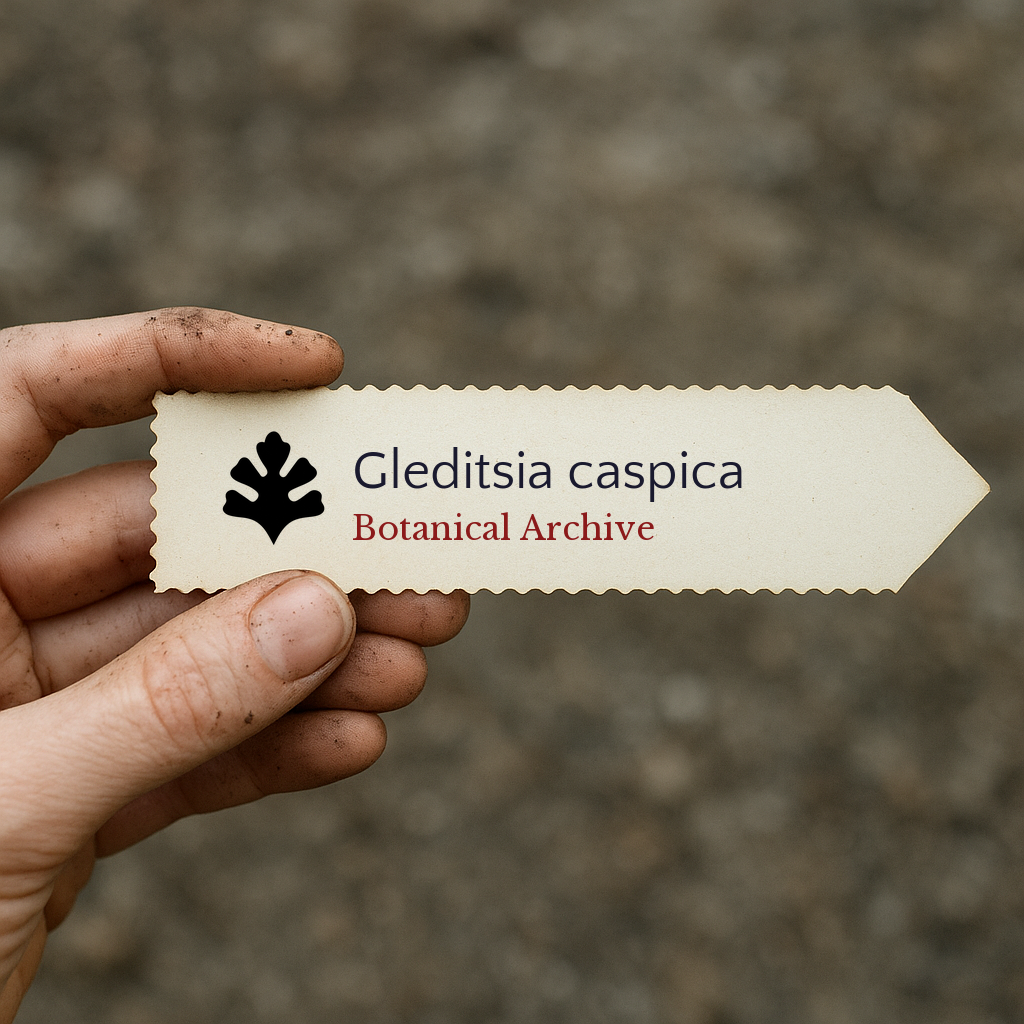 Etichetta per pianta stampata per Gleditsia caspica tenuta a mano con sfondo di terreno