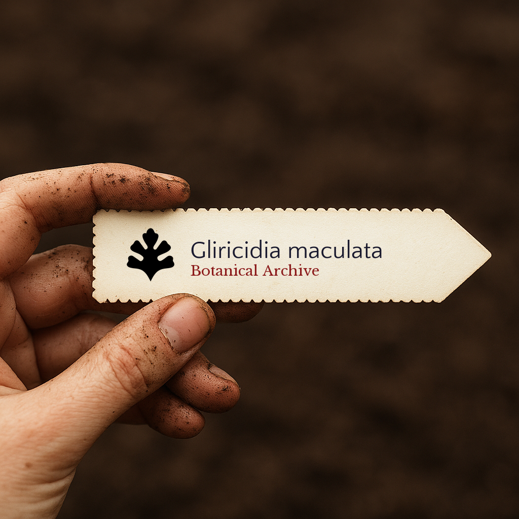 Printed plant label for Gliricidia maculata held by dirty hand over soil background