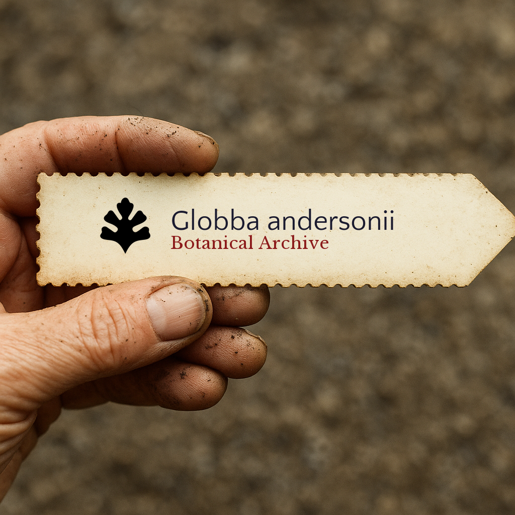 Printed plant label for Globba andersonii held by a gardener with soil-stained fingers