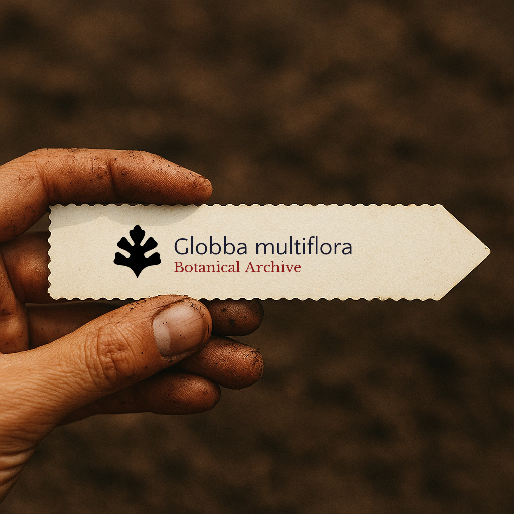 Printed plant label for Globba multiflora held by dirty hand against soil background