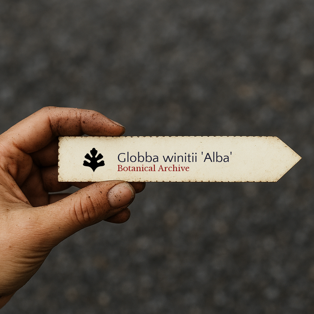 Printed plant label for Globba winitii 'Alba' held in a hand with soil dirt