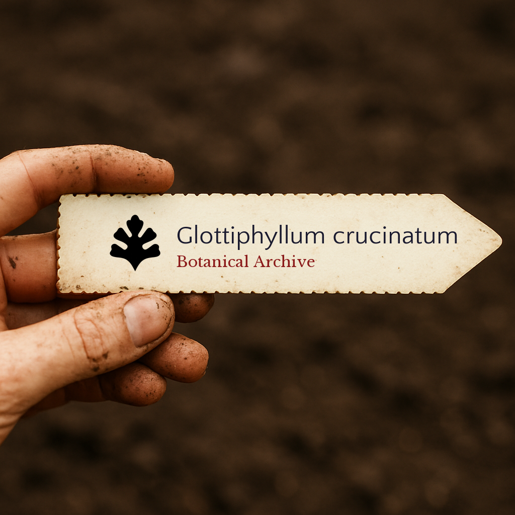 Printed plant label for Glottiphyllum crucinatum held by dirty hand over soil background