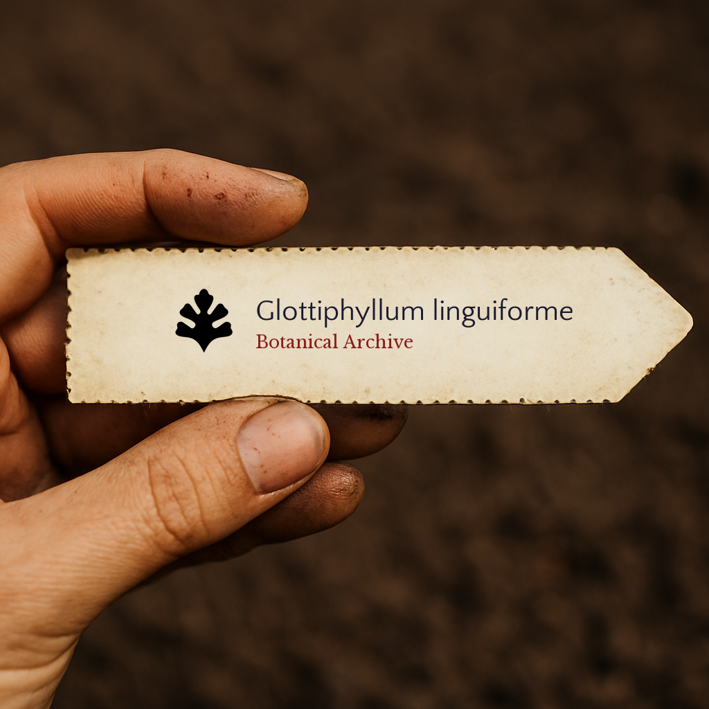 Printed plant label for Glottiphyllum linguiforme held by dirty hand over soil background