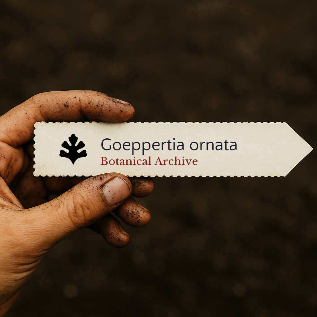 Etichetta stampata per pianta di Goeppertia ornata tenuta da mano sporca su sfondo di terra