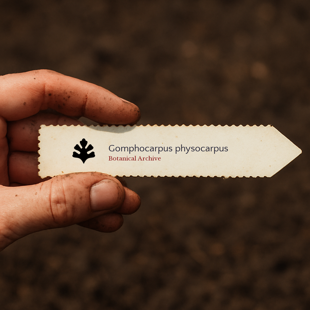 Printed plant label for Gomphocarpus physocarpus held by hand with soil background