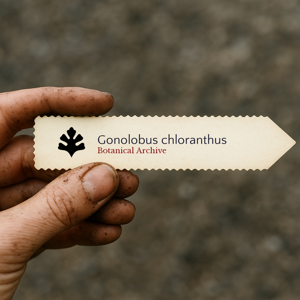 Printed plant label for Gonolobus chloranthus held by dirty hand outdoors