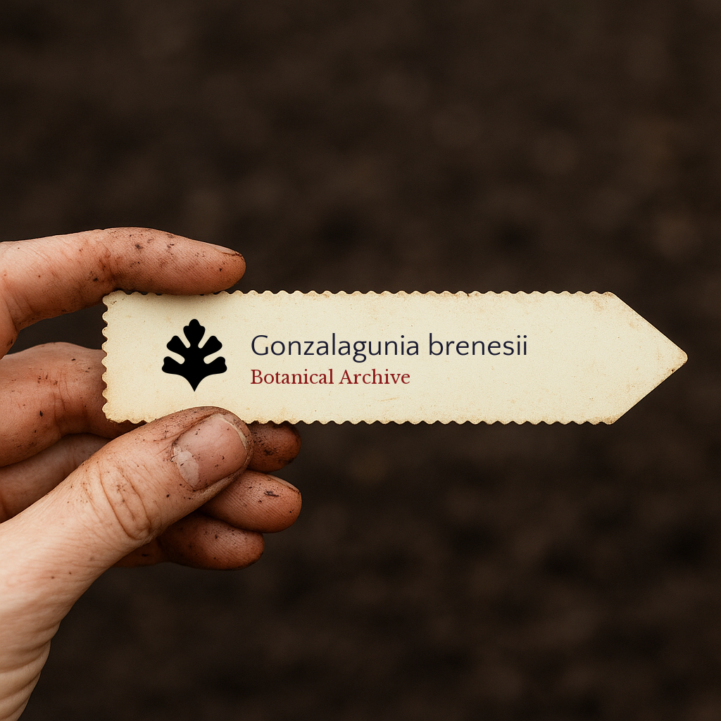 Etichetta per pianta stampata per Gonzalagunia brenesii tenuta da mano sporca su sfondo di terreno