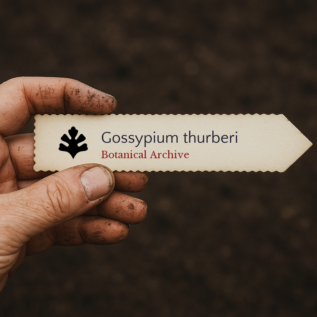 Printed plant label for Gossypium thurberi held by dirty hand over soil background