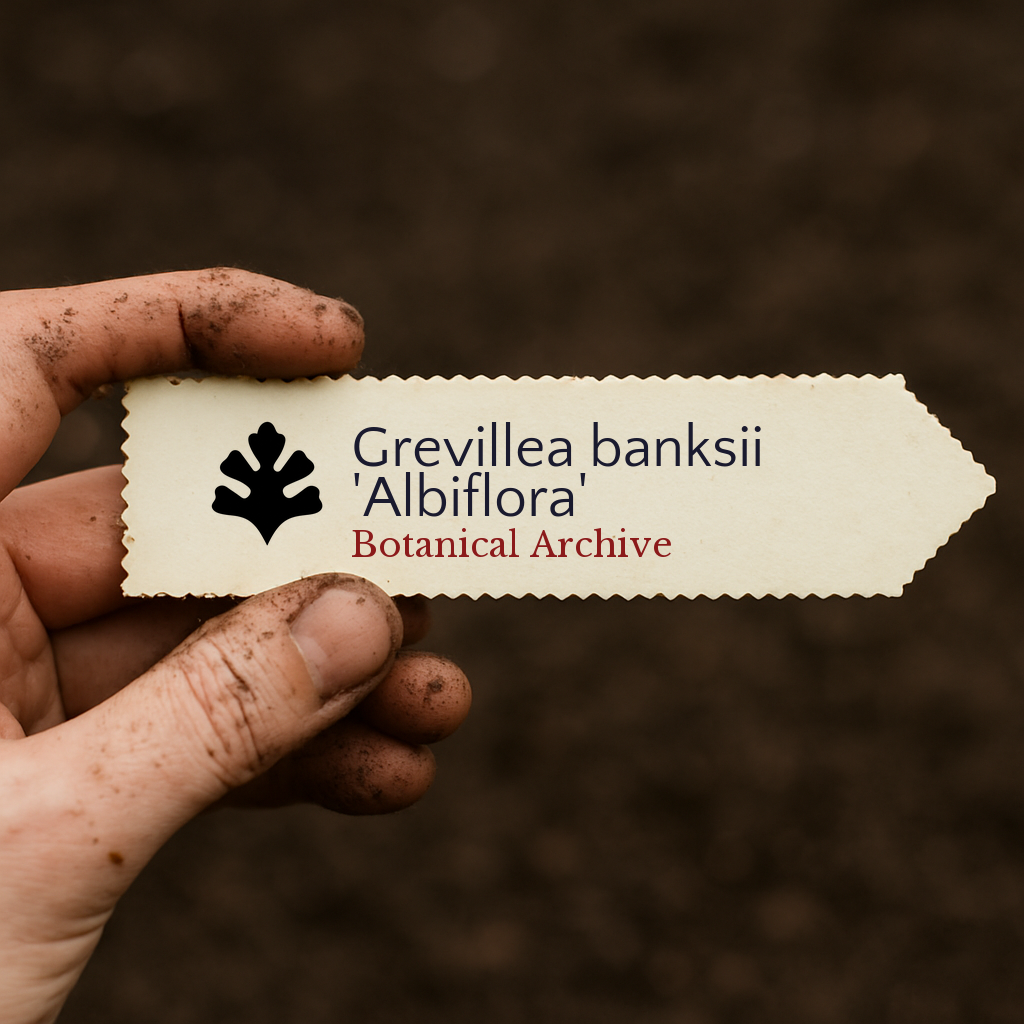 Printed plant label for Grevillea banksii 'Albiflora' held by dirty hand over soil background