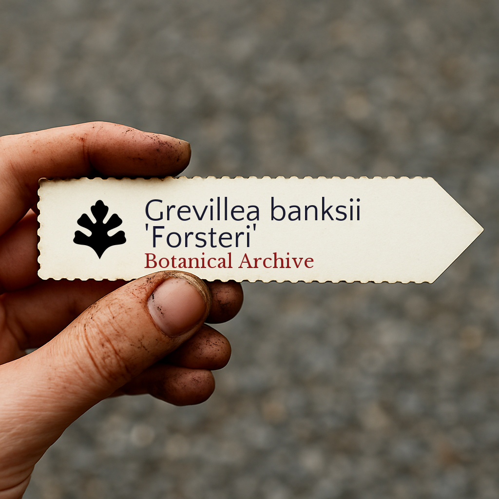 Printed plant label for Grevillea banksii 'Forsteri' held by hand with dirt background