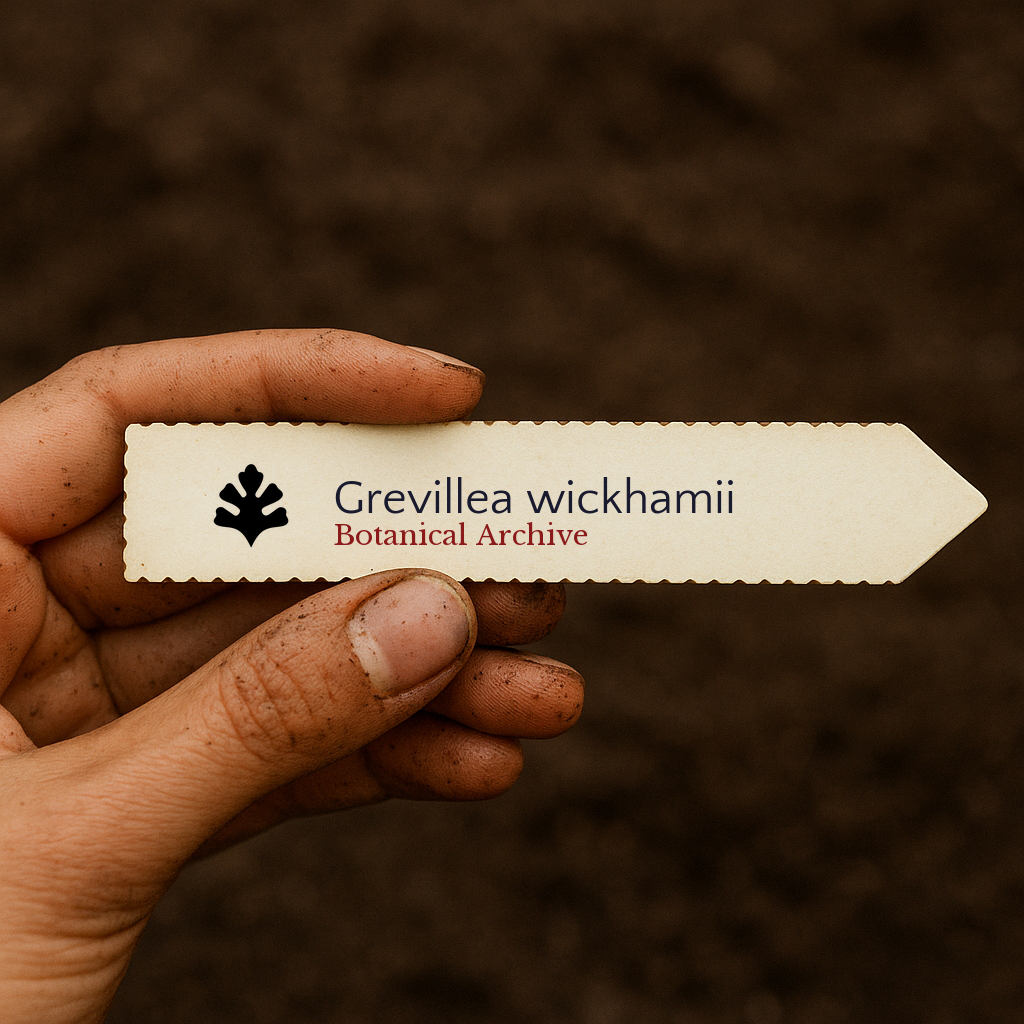 Printed plant label for Grevillea wickhamii held above soil background