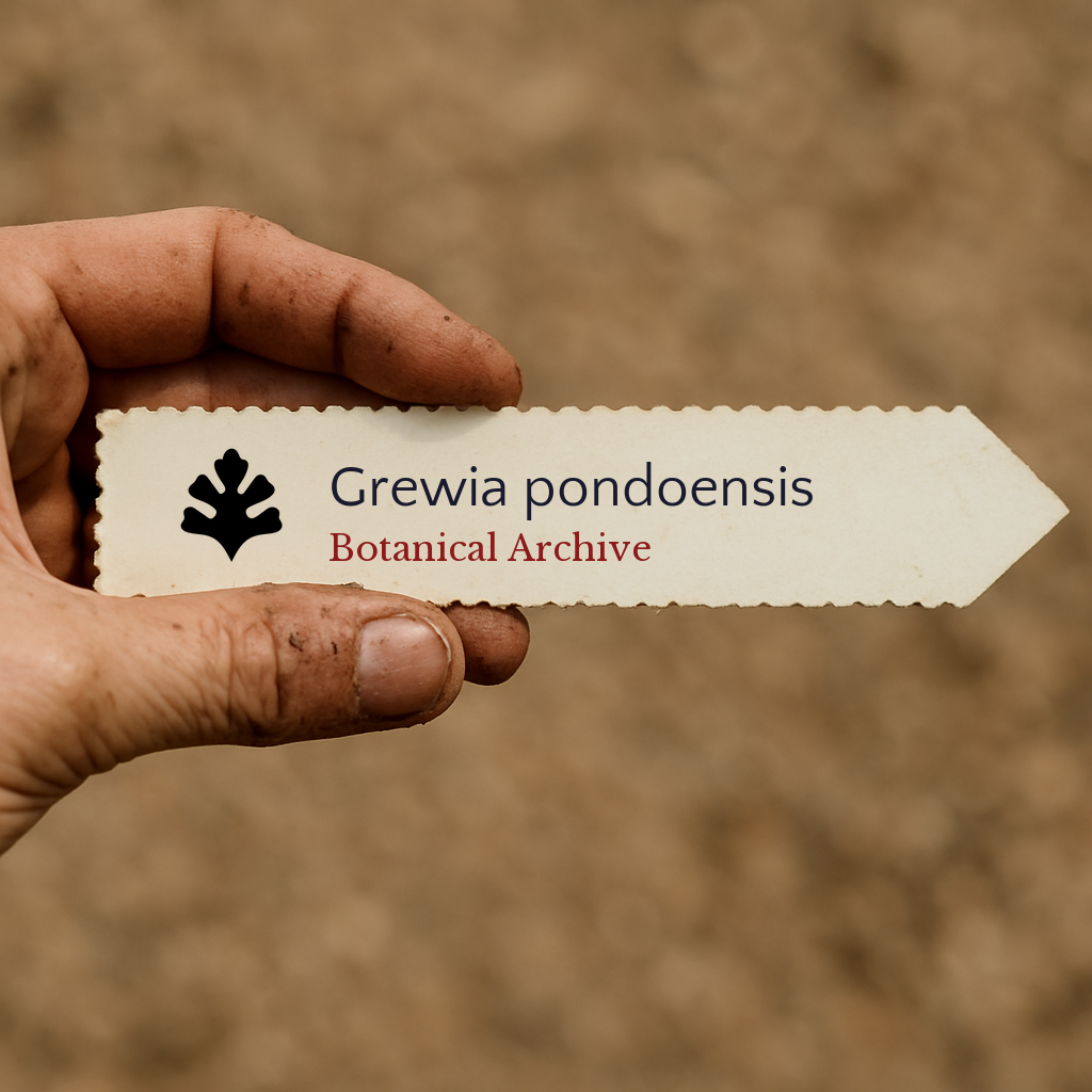 Etichetta per pianta stampata per Grewia pondoensis tenuta in mano con sfondo di terreno