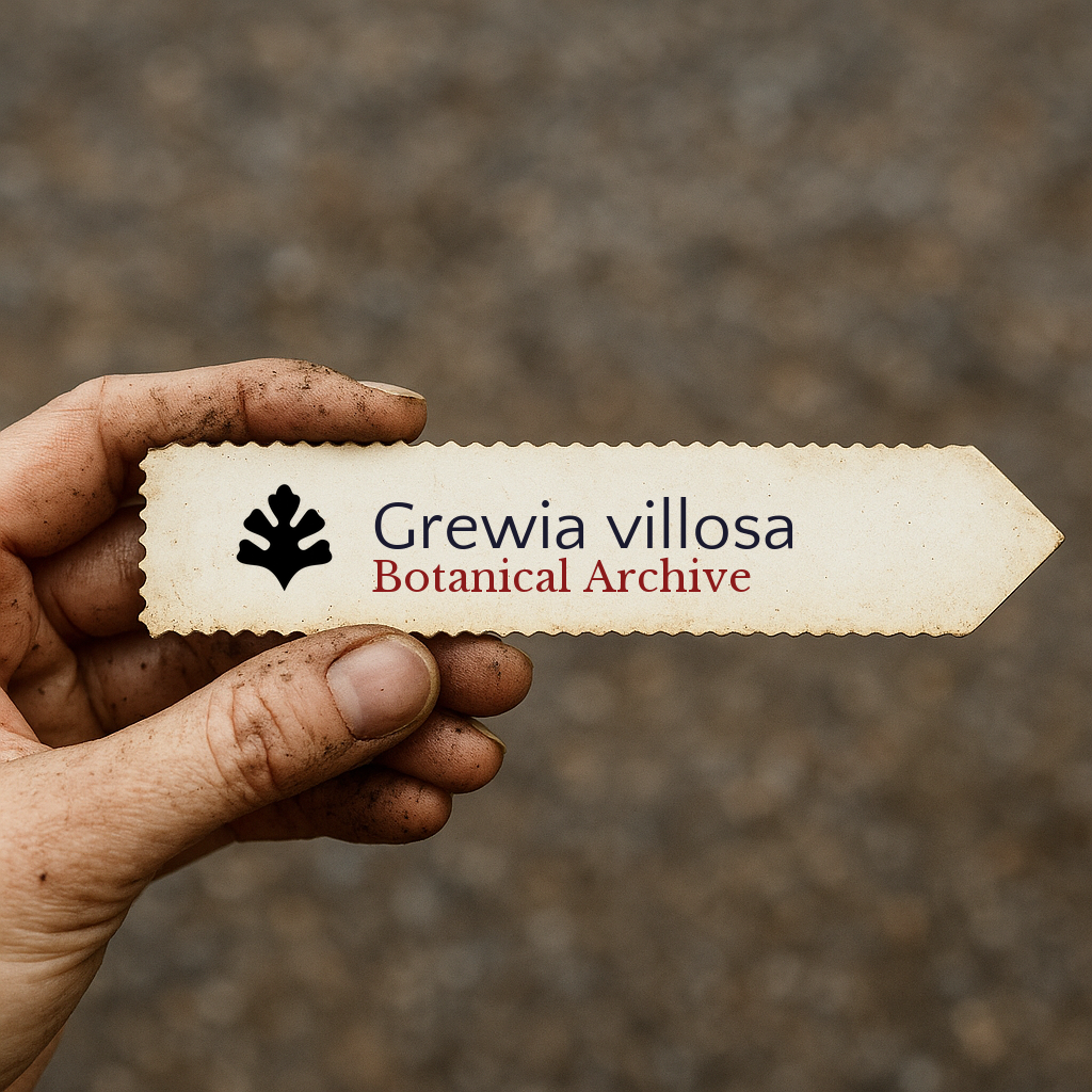 Printed plant label for Grewia villosa held by hand with soil on fingers