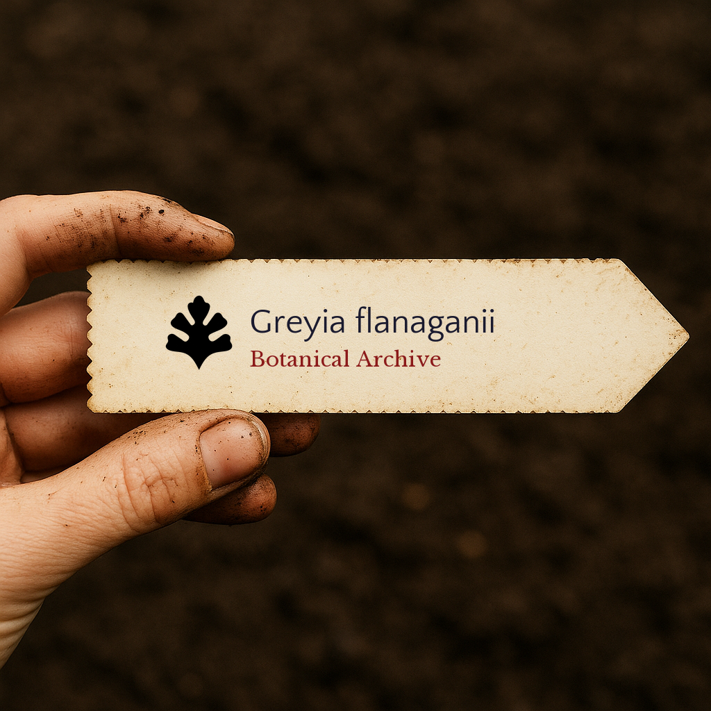 Printed plant label for Greyia flanaganii held by dirty hand over soil background
